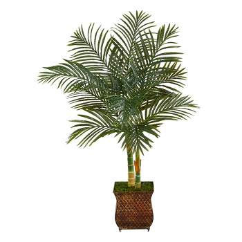 Nearly Natural 50-in Golden Cane Artificial Palm Tree in Metal Planter