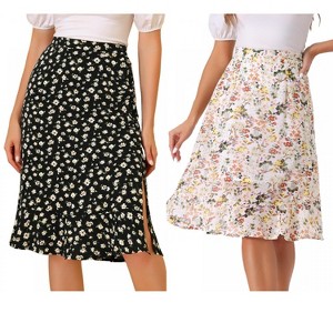 INSPIRE CHIC Women's Floral Ruffle Elastic High Waist Button Flowy Split Skirt 2 Packs - 1 of 4
