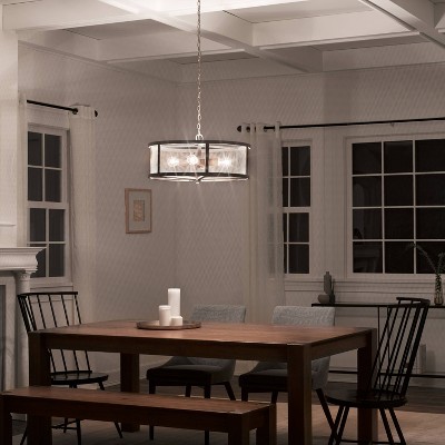 Rustic Farmhouse Woodgrain Metal Drum Chandelier with Mesh Sides