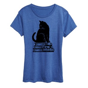Women's - Instant Message - Black Cat On Books Short Sleeve Graphic T-Shirt - 1 of 4