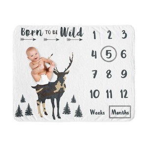 Sweet Jojo Designs Boy Baby Milestone Blanket Woodland Camo Green Beige and Black - 1 of 4