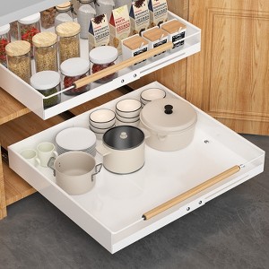 Ekozy Expandable Pull Out Cabinet Organizer with Wooden Handle, No-Drill Slide-Out Drawer for Kitchen Cabinets, Adhesive Mount, Heavy-Duty Storage - 1 of 4