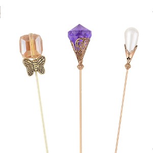 Anna-Kaci Vintage 3Pcs Long Stick Hat Pins Crystal Flower Butterfly and Pearl Details for Classic Hat Lapel and Scarf Accessorizing - 3pcs Vintage - 1 of 4