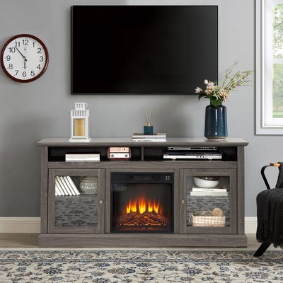 Fireplace TV Stand With 18" Electric Fireplace 1400W/4777BTU, Glass Door Storage Cabinet And Open Shelve, Media Entertainment Center Console Table