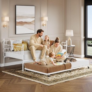 Daybed with Trundle Twin Metal Frame: Space Saving Design with Headboard & Steel Slat Support - for Bedroom, Living Room, Guest Room - 1 of 4