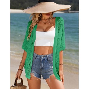 Coolmee Women's Short Sleeve Cardigans Summer Open Front Hollowed Out Shrug Sweaters Knit Sweater Tops Lightweight Cardigans XL Green - 1 of 4