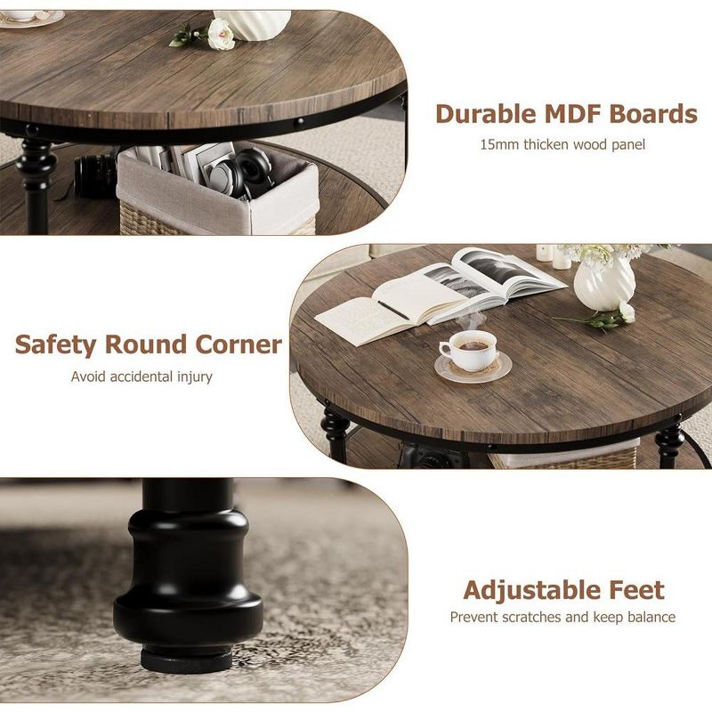 Round Coffee Table Living Room Rustic Center Table with Storage Wood Circle Coffee Table 34"in (Light Walnut), 4 of 7