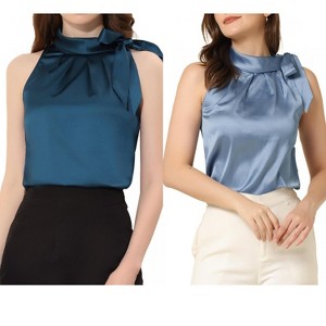 INSPIRE CHIC Women's Elegant Satin Sleeveless Bow Tie Mock Neck Solid Work Blouse 2 Packs - 1 of 4
