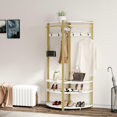 Gold and Marble White Corner Hall Tree with Shoe Bench and Coat Rack