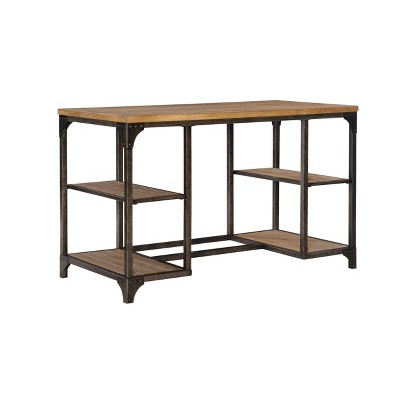 Powell Company Keith Industrial Planked Mixed Material Desk Driftwood: Metal Frame, Fixed Shelves, Modern Executive Office Desk