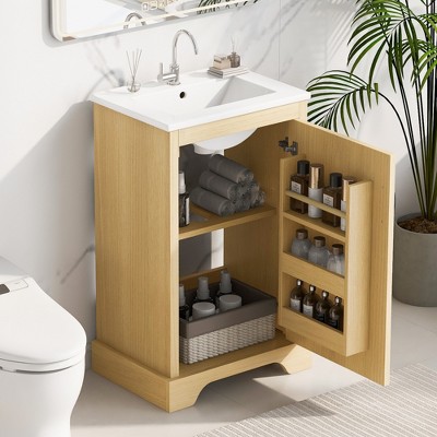 Whisen Bathroom Vanity with Sink, Bathroom Cabinet with Soft Closing Door, Storage Rack and Adjustable Shelf - Natural Wood
