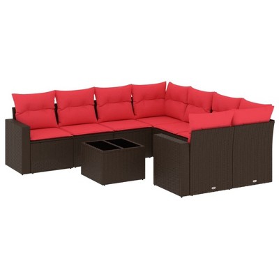 vidaXL 9 Piece Patio Sofa Set with Cushions Brown Poly Rattan - Brown and Red