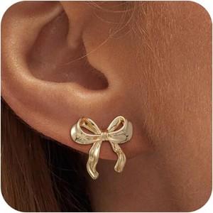 Gold Stud Earrings for Women - Dainty Bow 14K Gold/Silver Plated Pearl Earrings - Trendy Cute Ribbon Minimalist Jewelry Gifts for Her - 1 of 4