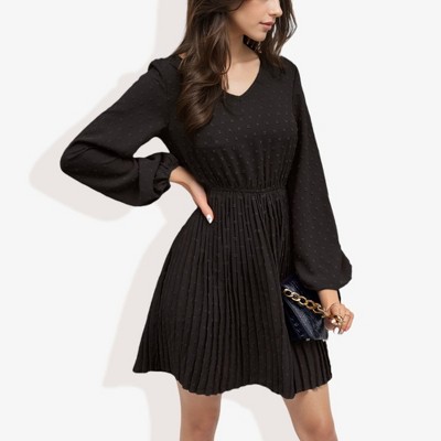 Anna-Kaci Women's Long Sleeve Pleated Mini Dress with V-Neck and Elastic Waist
