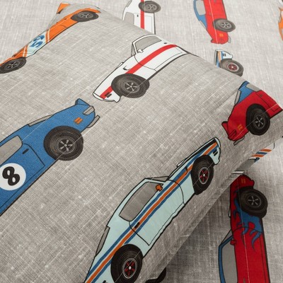 Blue and Orange Reversible Race Car Twin Quilt Set