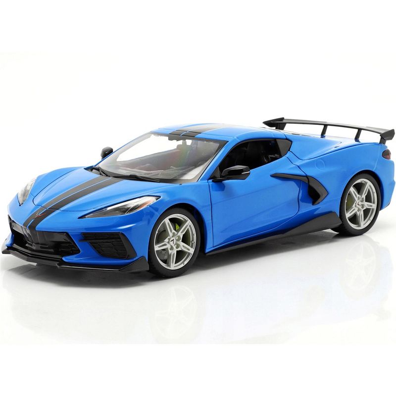 2020 Chevrolet Corvette Stingray C8 Coupe with High Wing Blue with Black Stripes 1/18 Diecast Model Car by Maisto, 1 of 7