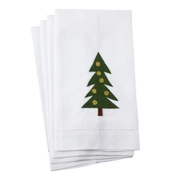 Saro Lifestyle Christmas Tree Embroidery Design Holiday Hemstitched Border Linen Cotton Guest Towel - Set of 4, 14"x22", White
