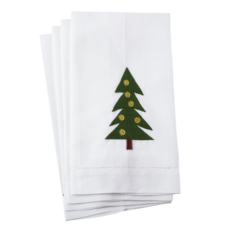 Saro Lifestyle Christmas Tree Embroidery Design Holiday Hemstitched Border Linen Cotton Guest Towel - Set of 4, 14"x22", White, 1 of 3
