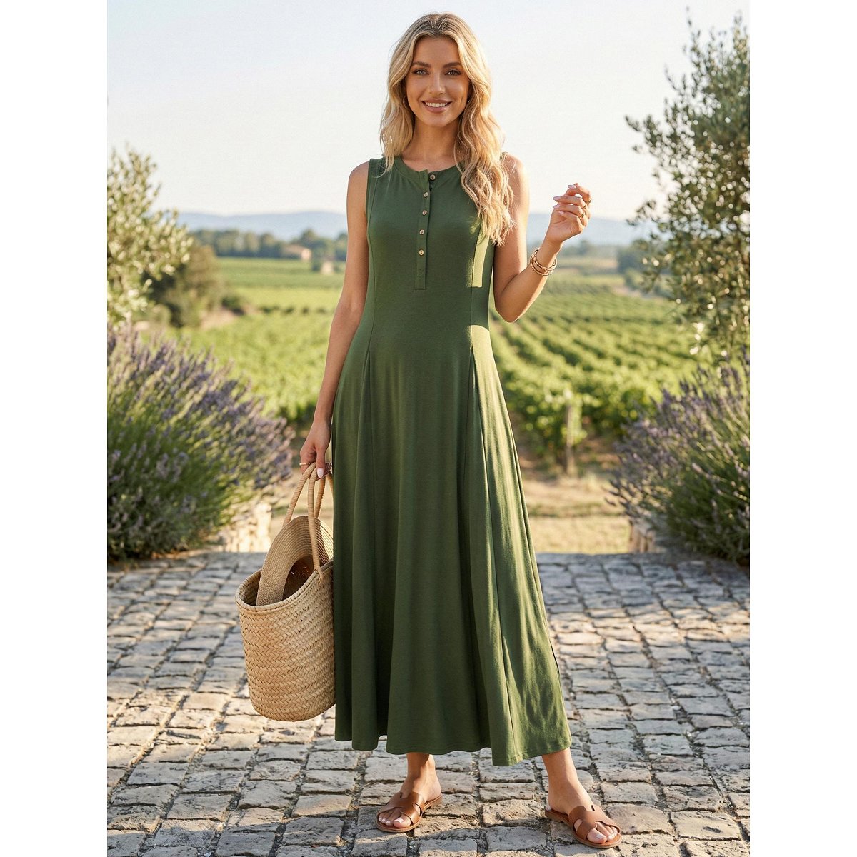 Женские платья INSPIRE CHIC Women's Sleeveless Button Fit Flare A-Line Flowy Casual Long Dress Army Green Small 2 Packs Army Green/Black Medium — фото 2