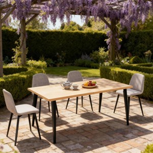 63" Natural Farmhouse Industrial Dining Table Set with 4 Upholstered Beige Chairs, Rectangular Table for Kitchen or Patio -3irtyhousy - 1 of 4