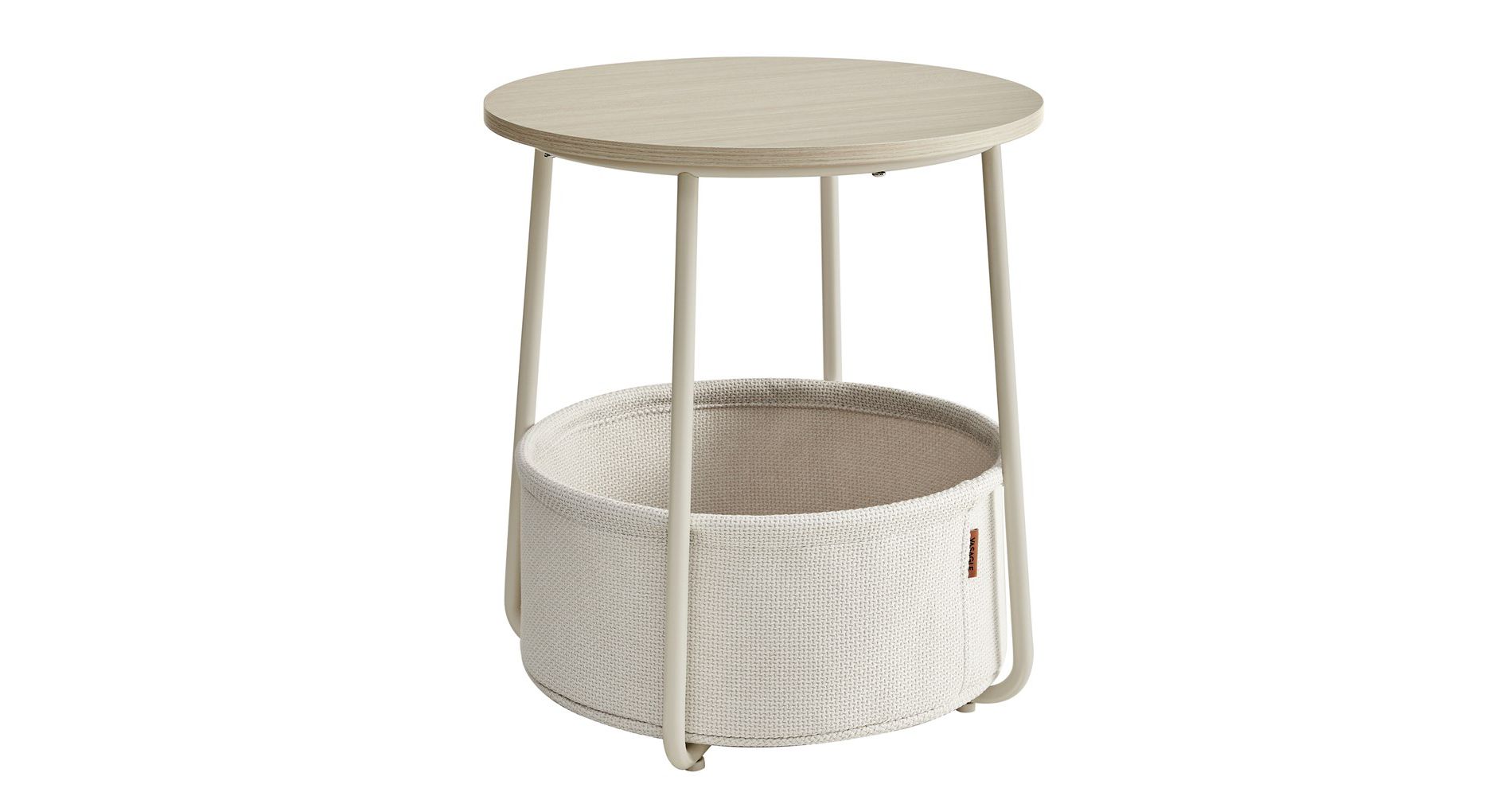Small Round Side End Table, Modern Nightstand with Fabric Basket Cream White
