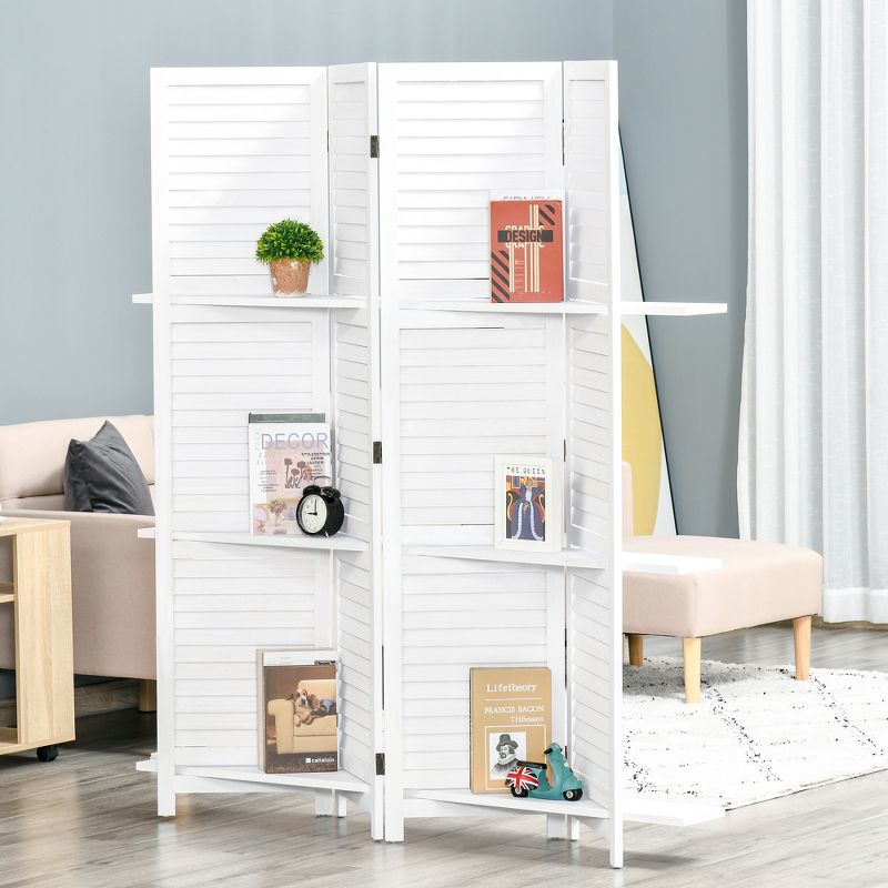 HOMCOM 4 Panel 67" Tall Wood Privacy Screen Room Divider with 3 Display Shelves, and Folding Storage for Bedroom or Home Office, 3 of 7
