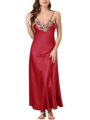 Cheibear Womens Satin Sleeveless Nigthgown Lace Trim Sleep Dress Sleepwear  Pajama Dress Red Large : Target