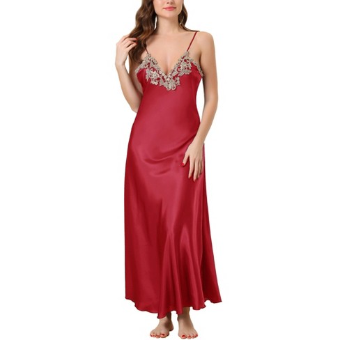 Cheibear Womens Satin Sleeveless Nigthgown Lace Trim Sleep Dress Sleepwear  Pajama Dress Red Large : Target