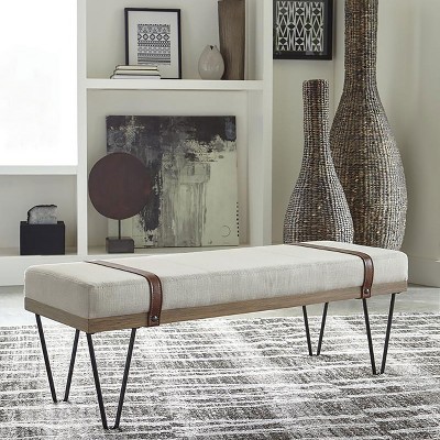 Vynxaria Neutral Beige Upholstered Bench Linen Like Fabric, Plush Padded Top, Leatherette Strap and Nailhead Accents