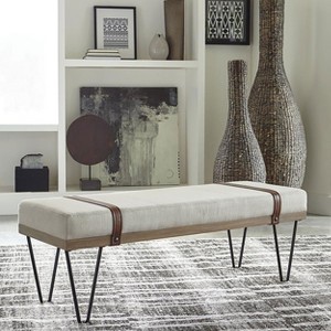 Vynxaria Neutral Beige Upholstered Bench Linen Like Fabric, Plush Padded Top, Leatherette Strap and Nailhead Accents - 1 of 4