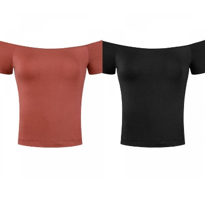 Allegra K Women's Short Sleeves Off The Shoulder Stretchy Fabric Solid Crop Top 2 Packs