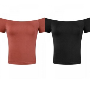 Allegra K Women's Short Sleeves Off The Shoulder Stretchy Fabric Solid Crop Top 2 Packs - 1 of 4