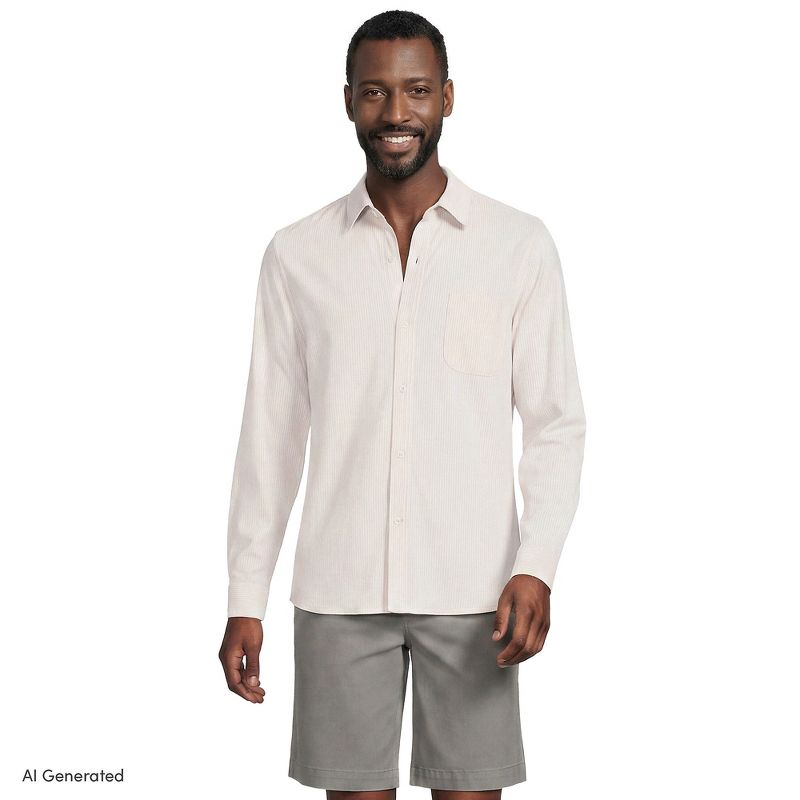Lands' End Men's Long Sleeve Knit Button Down Shirt - Large - Dune Gray/White Stripe