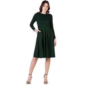 Petite Round Neck Long Sleeve Pleated Fit N Flare Pocket Midi Dress - 24seven Comfort Apparel™ - 1 of 4