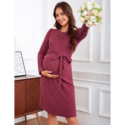 Maternity Long Sleeve Sweater Bodycon Boho Midi Dress Fall Casual Crew Neck Mini Dress Baby Shower Photoshoot Belt