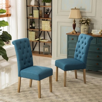 Blue Linen Tufted Parsons Dining Side Chair Set with Wood Legs