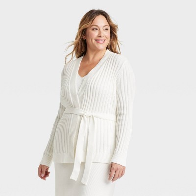 Women's Belted Cardigan - Ava & Viv™ Cream 1X: Midweight Cotton Blend, Open Front, Ribbed Cuffs, Belt Loops, Machine Washable