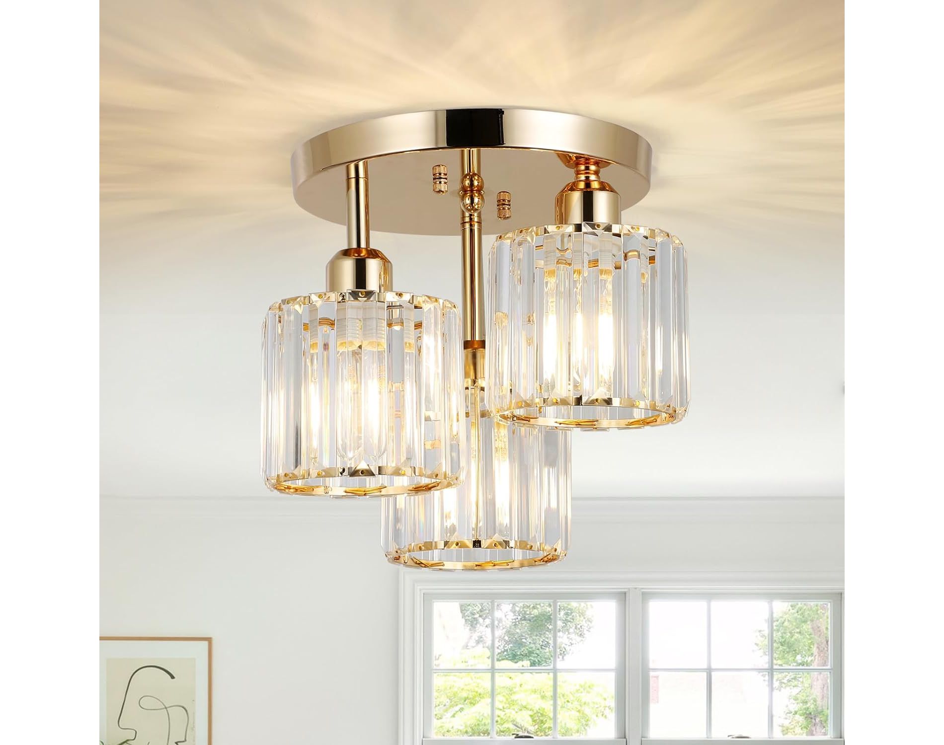 Gulches 10 in Golden Modern 3-Light Dimmable Semi Flush Mount Ceiling Light for Living Room with Clear Crystal Bar Shade