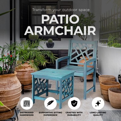 Blue Distressed Hardwood Lattice Back Patio Armchair