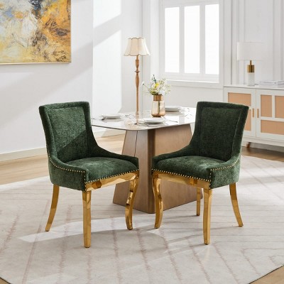 Chenille Dining Chairs Set of 2, Upholstered Accent Side Chairs with Gold-Plated Legs, Rivet Trim, Modern Curved Backrest-The Pop Home