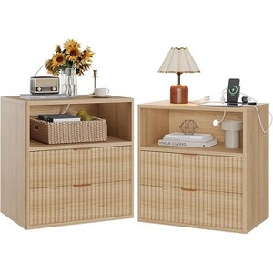 Fluted Farmhouse Night Stand , 23" Mid-Century Modern Nightstand, 2 Drawers End Table, Wood Side Table Set for Bedroom Sofa Home Office - 1 of 4