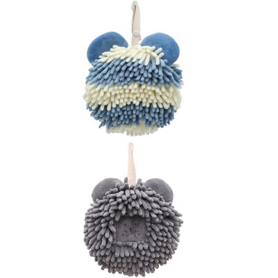 REGALWOVEN 2 Packs Chenille Fuzzy Cute Bear Shape Decorative Soft Absorbent Hanging Ball Hand Towels 7" x 7"