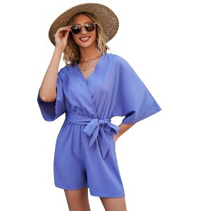 Rompers for Women 2023 Summer Casual V Neck Short Jumpsuits Belted Wrap Flared Half Sleeve Waist Tie Romper - 1 of 4