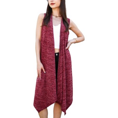 Anna-Kaci Women's Waterfall Heather Knit Long Cardi Vest- One Size Fits Most,Burgundy