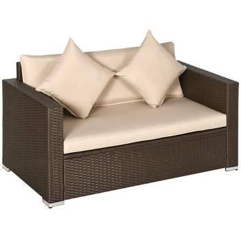 Outsunny Outdoor Wicker Loveseat, Patio Furniture Couch with Cushions, 2 Seats PE Rattan Sofa, 2 Throw Pillows for Porch, Backyard, Pool