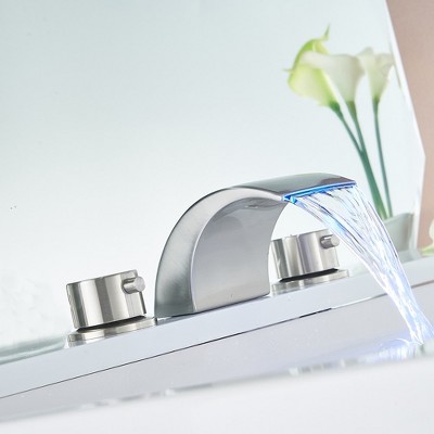 Brushed Nickel 8-Inch Widespread Waterfall Bathroom Faucet with LED Light