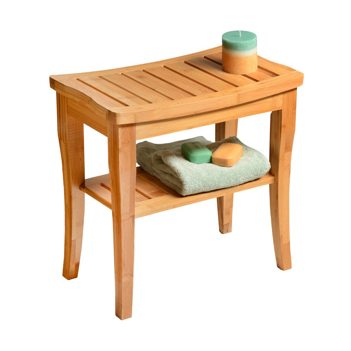 Bamboo Shower Bench Spa Stool - Wood 2-Tier Seat, Foot Rest Shaving Stool with Non-Slip Feet + Storage Shelf - Seat Organizer - Natural
