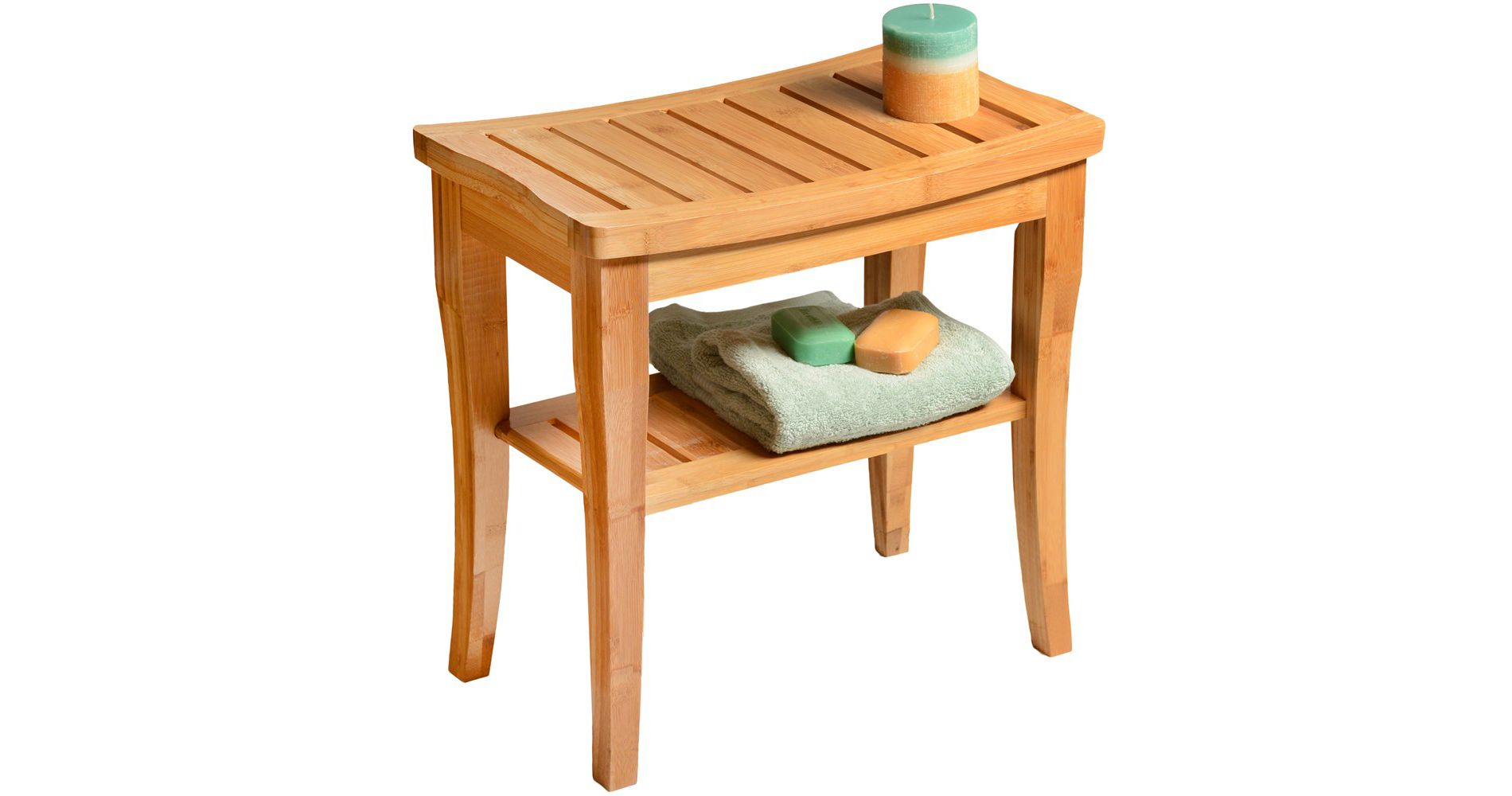 Bamboo Shower Bench Spa Stool - Wood 2-Tier Seat, Foot Rest Shaving Stool with Non-Slip Feet + Storage Shelf - Seat Organizer - Natural