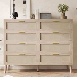 Garvee Natural Rattan Dresser with Golden Handles – Farmhouse Wood Storage Chest with 5 Strong Legs for Living Room, Bedroom & Entryway, Oak - 1 of 4