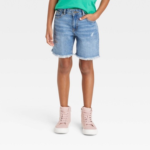 Girls' Destructed Relaxed Midi Jean Shorts - Cat & Jack™ Medium Wash M